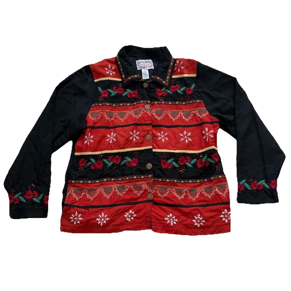 Vintage Christmas Sweater Womens Medium Black Silk Rayon Button Up Knit Holiday